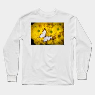 White Exotic Butterfly On Yellow Poms Long Sleeve T-Shirt